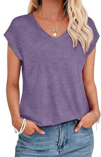YUTILA Confezione da 1/2 magliette da donna, estive, casual, in tinta unita, a maniche corte, scollo a V, casual, Lilla, L