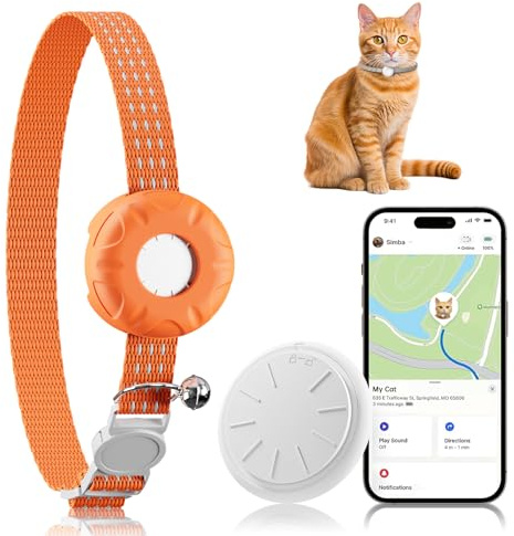 Cat GPS Tracker, Waterproof Pet Tracker for Cats, Cat GPS Tracker Collar with Safety Elastic Buckle, Works with Any Collar,Compatible with Apple Find My App (Only iOS), No Monthly Fee, Orange