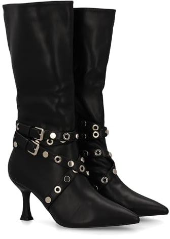 94895 Bota alta para mujer con tacon fino, con doble hebilla y detalle de tachuelas y ojales metalicos. Cierre de cremallera, punta fina y estampado liso, ideal para otono invierno. Negro Talla 41