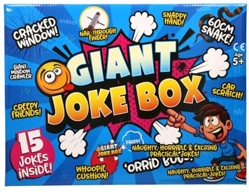 eMKay® Giant Joke Box – 15-Piece Kids Prank Toy Set (Ages 5+) | Classic Gag Gift Includes Whoopee Cushion, 60cm Snake, Nail-Through-Finger, Snappy Hand & More