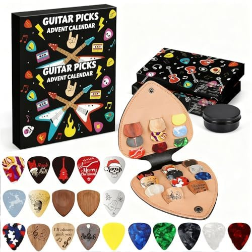 2025 Gitarrenplektren Adventskalender - 24 Tage Weihnachten Countdown mit 20 Zelluloid & Holzplektren, Leder Plektrenhalter & Metall Blechkoffer, Urlaubsgeschenke für Gitarre, Bass & Ukulele Spieler