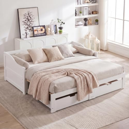 Schlafsofa Ausziehbett und 2 Schubladen 90/180x200cm,aus Massivholz, Einzel- und Doppelbett,Ausziehbett mit Lattenrost, Ausziehbett, Klappbetten, Tagesbett, Gästebett ohne Matratze Weiß Bettrahmen