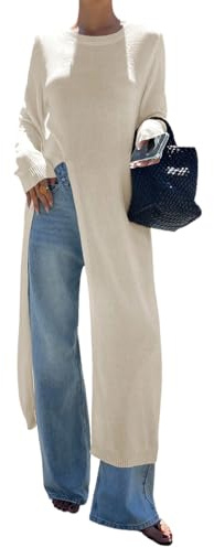 GCZREN Women Trendy Split Hem Crew Neck Maxi Knit Sweater Casual Loose High Slit Long Sleeve Long Dress Shirt Streetwear(S,Apricot)