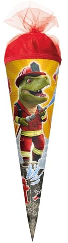 ROTH Small School Cone 50 cm Fire Brigade Dino - Round Sibling Sugar Cone for First Day of School for Children, First Day of School Gift with Tulle Closure