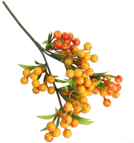 Decorazione artificiale floreale con bacche portafortuna e agrifoglio con frutti rossi mirtilli per portico, balcone, fioriere e vasi da interni (giallo-arancione)