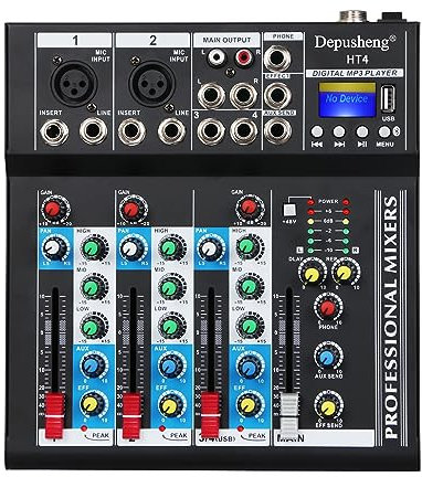 Depusheng HT4 Bluetooth Compatible Professional Portable Digital DJ Console w/USB 4 Channel Mixer Audio Interface-Mixing Boards For Studio Recording,Black