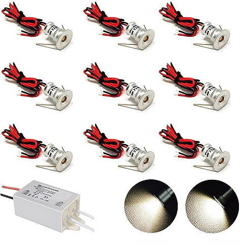 Lámpara empotrable para cocina, 9 unidades, 12 V, 1 W, foco LED empotrable para cocina, escaleras, armario, iluminación de casa, vitrinas, pequeño foco LED , carcasa blanca (Plateado Luz fría, 30°)