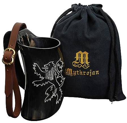 Mythrojan Viking Drinking Horn Tankard Authentic Handmade Medieval Horn Tankard with Leather Strap and Free Canvas Bag for Drinking Beer Wine Whiskey Mead Ale Mug - 600 ML