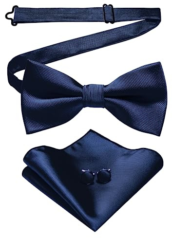JEMYGINS Einfarbige vorgebundene Fliege und Einstecktuch mit Manschettenknöpfen für Herren, marineblau, general