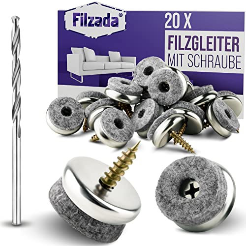 Filzada® 20x Almohadillas de Fieltro Tornillo - Ø 22 mm - Deslizadores Profesionales de Silla/Protectores de Patas de Silla de Fieltro con Tornillo - Incl. Taladro