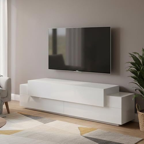 Dmora - Meuble TV Teo, Buffet Bas de Salon, Base pour Meuble TV, 100% Made in Italy, 200x45h52 cm, Blanc Brillant