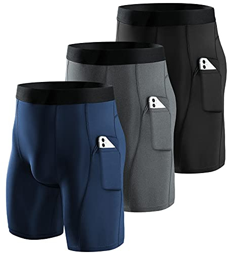 Niksa 3-pack herr kompressionsshorts löpning baslager shorts herr kompression träningsshorts med mobiltelefonfickor täta torra och andningsbara sportshorts för cykling, yoga, boxning, gym, springa., Svart + Grå + Marinblå, XXL