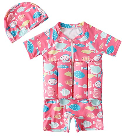 EQQILL Baby Toddler Girls Boys Float Suit One Piece Rashguard Cartoon Short Sleeve Zip up Buoyancy Swimsuit +Cap Pink