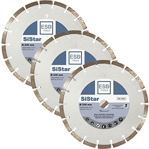 ESD-TOOLS | Diamanttrennscheibe SiStar Beton, Stein und Dachziegel, Trocken & Nass verwendbar | Ø 230/22,23 mm | 3er Set
