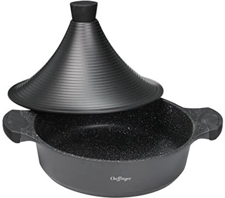 Cheffinger Fonte D'Aluminium Tajine Ø28cm Induction Silikongriffe Marmite Cuit-Vapeur Rôtissoire, Noir