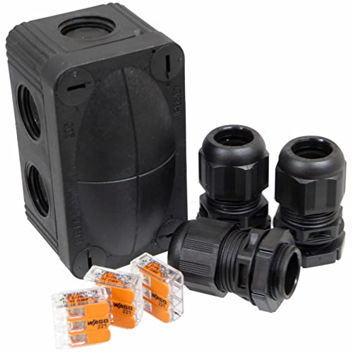 Black Wiska 206 Box with 3x Wago 221-413 Lever Connectors and 3x ESKV Glands - Weatherproof IP66 for Outdoor Floodlights and Cable Wiring