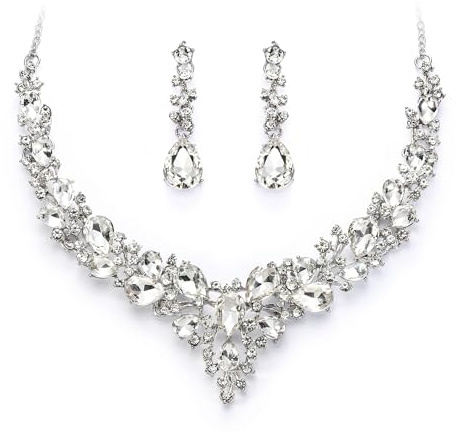Ever Faith Wedding Bridal Crystal Teardrop Cluster Statement Necklace Dangle Earrings Jewellery Set for Women White Silver-Tone