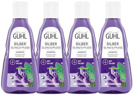 Guhl Champú plateado y cuidado – 4 unidades – 4 x 250 ml – Anti-amarillo – Tipo de cabello: gris, plata, rubio