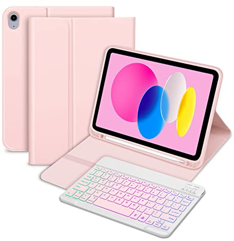 Bettdow Keyboard Case for iPad A16 11th Generation 2025/10th Generation 2022, UK Layout Detachable Folio Backlit Keyboard, Cover Case with Pencil Holder for iPad A16 11 Inch/ 10th Gen 10.9 Inch, Pink