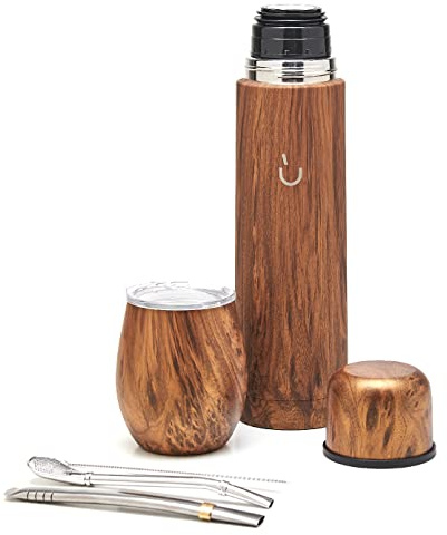 BALIBETOV Set Yerba Mate Completo - Calabaza Mate Moderna, Termo, Bombilla y Cepillo de Limpieza Incluido - Todo Acero inoxidable 304 18/8 (Madera)