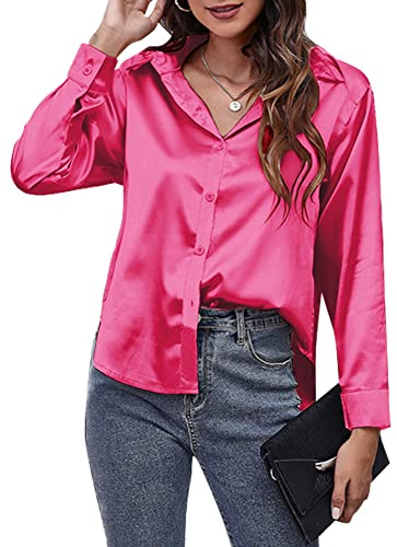 Panegy Chemise en Satin pour Femmes Blouses à Manches Longues Boutonnée Haut de Travail Chemises Aspect Soie pour Dames Hauts de Bureau, rose, M