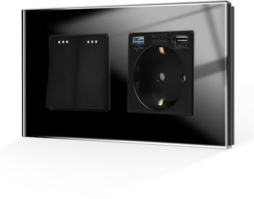 CNBINGO Interruptor de luz con enchufe, enchufe de cristal empotrado con conector USB (tipo C y tipo A 3,1 A total), interruptor de botón Negro, interruptor de 2 vías, interruptor de conmutación