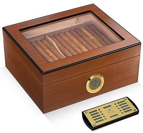 Slege Cave à Cigares Artisanale, Cave Cigare,Hygromètre Numérique,Haut Transparent Boîte à Cigare Cèdre Espagnol,avec Séparateur,Humidificateur,Cadeaux pour Hommes Humidor,Français Manuel