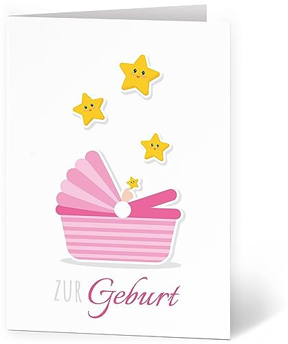XXL Glückwunschkarte (A4) zur Geburt Mädchen Rosa Sterne - hochwertige Klappkarte | Große Karte Grußkarte Glückwunsch mit Umschlag Baby Eltern