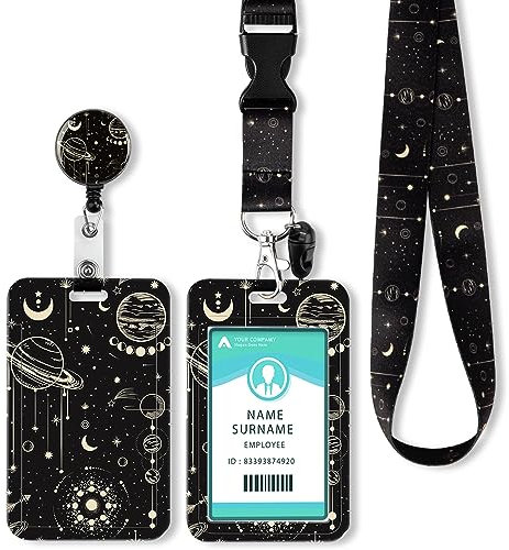 ID Ausweishalter mit Lanyard, Einziehbarer Schlüsselband Ausweishalter, Ausweishülle mit Band Schlüsselanhänger für Personalausweis, Studentenausweis, Kreditkarten (Moon)