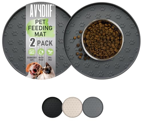 AVYDIIF 2 stück Napfunterlage für Hund Katzen[28cm x 28cm], hundenapf unterlage fressnapf Hund Futtermatten aus Silikon wasserdichte rutschfeste Fressnapf mit Rand (2 Grau, 28cm x 28cm)