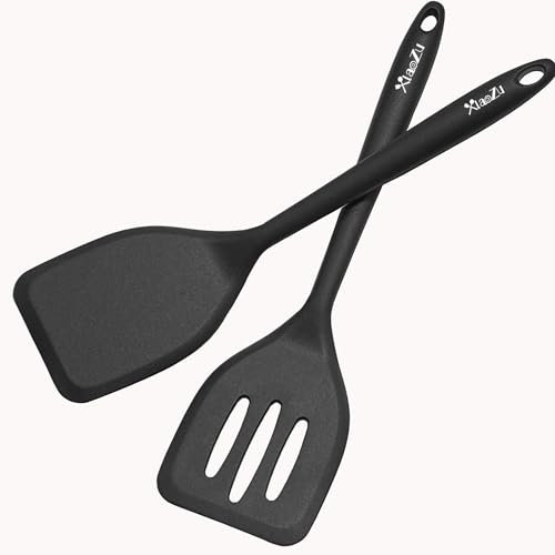 XiaoZu Pfannenwender Silikon -Set, 600°F hitzebeständige mit nahtlosem einteiligem Design, antihaftbeschichtete Gummi Küchenutensilien zum Backen und Kochen, BPA-frei, 2 Stück (schwarz),28.5CM