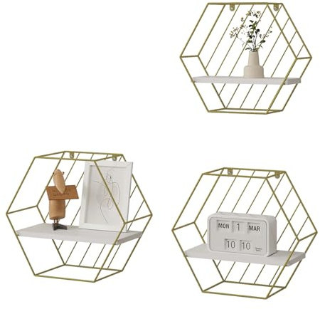 EUGAD Wandregal 3er Set, Hexagon Regal Wand, Schweberegal, Weiß Golden | aus Holzwerkstoff,Regalbrett mit Metallrahmen, Regal hängend, für Wohnzimmer Küche