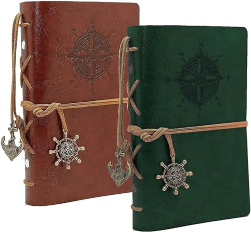 BetterJonny 2 Pack Leder Notizbuch A5, Retro Notizbuch aus Leder Vintage Spiralbindung Tagebuch Nachfüllbares Tagebuch Reisetagebuch Skizzenbuch für Männer und Damen, Grün und Braun