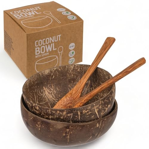 MIJOMA Exquisito juego de 2 cuencos de coco con cucharas, perfecto para creaciones de cuencos únicas, diseño ecológico, aprox. 13x13x6cm