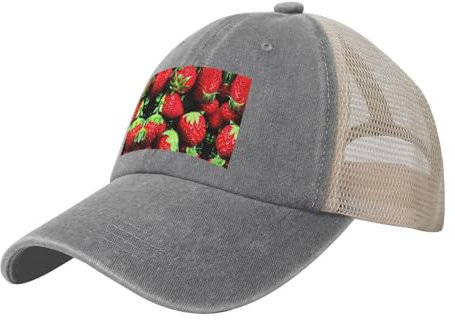Cowboy-Baseballkappe mit Erdbeermuster, Premium-Trucker-Mütze für Herren mit verstellbarem Verschluss, Mesh-Snapback-Hüte für Herren, Grau, Einheitsgr��e