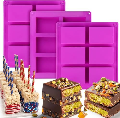 lomdung 3 Stück Schokoladenform Tief, BPA-Frei Antihaftbeschichtung Schokoladentafel Form, 6 Mulden Silikonform, Müsliriegel Backform, für Reis, Knusprige Leckereien, Süßigkeiten, Schokolade