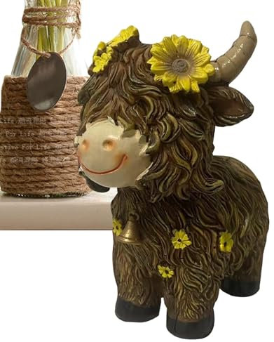 Figur aus Harz mit Blume – Skulptur der Highland-Kuh, Figur von Vieh | Breite Anwendbarkeit, exquisite Verarbeitung, Sammlerfigur für Gartendekoration, Bauerntisch