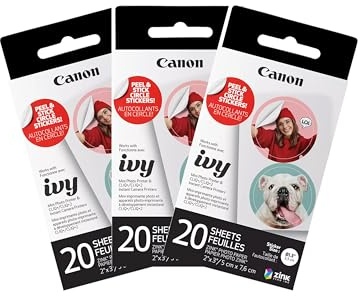 Canon Ivy Zink Lot de 3 feuilles de papier autocollant pré-découpé pour imprimante photo Canon Ivy Mini et CLIQ+/CLIQ+2