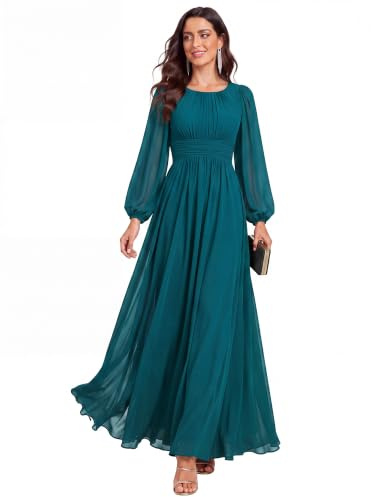 Ever-Pretty Vestido formal de gasa con cuello redondo y mangas largas plisadas, cintura imperio, talla grande, vestido de dama de honor