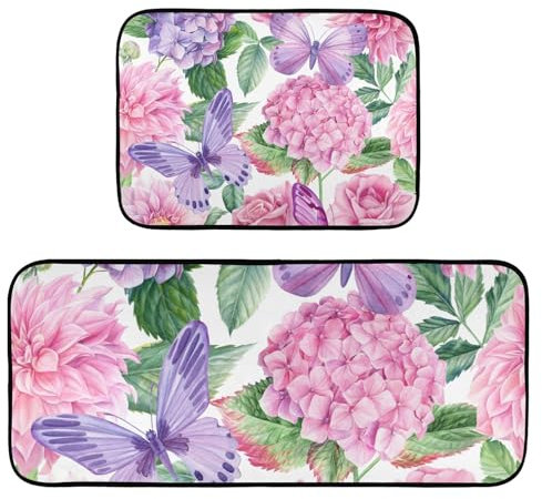 Küchenteppiche, 2-teilig, rutschfest, waschbar, violette Hortensien, rosa Rosen, Bodenmatte, Stehmatte für Küche, Flur, Läufer Set