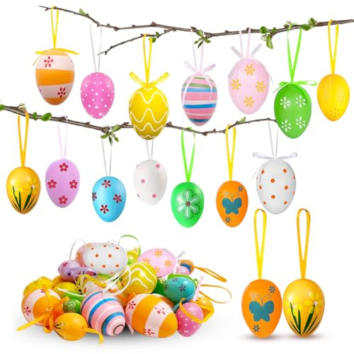Ostereier zum Aufhängen, 36 Stück Ostereier Plastik, Ostereie-r zum Hängen Bunt, Kunststoff Osterei Ornament mit Schnur, Osterdeko Hängedeko für Osterjagd Osterbaumschmuck Zuhause Garten Party Deko