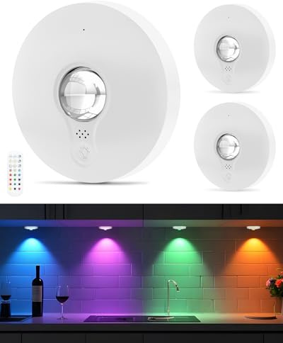 RGB Puck Lights with Remote, Rechargeable Under Cabinet Lighting, 3 Packs