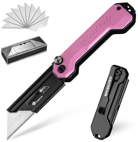 WORKPRO Couteau Utilitaire Pliant et Cutter de Poche avec Mécanisme de Changement Rapide, Manche en G10, avec 10 Lames SK5 Supplémentaires, Idéal pour Coupe de Cuir, PVC, Papier, Rose
