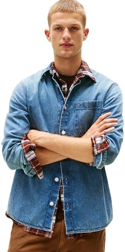 Tommy Jeans Uomo Camicia in Jeans Regular Denim Taschino sul Petto, Blu (Denim Medium 01), L