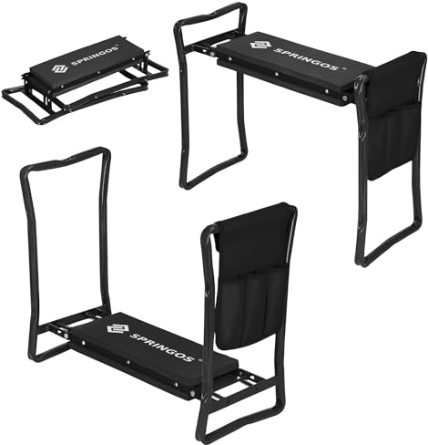 SPRINGOS Tabouret de jardin pliable 3 en 1, banc à genoux et tabouret avec sac à outils, support de siège et de genou ergonomique pour le travail de jardinage, stable et résistant aux intempéries