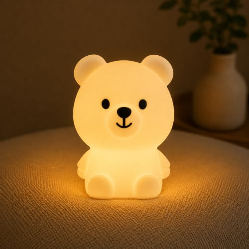 Winkee Mini Nachtlicht Kinder Bär, Touch Stilllicht 7 Farben, USB wiederaufladbar, BPA-freies Silikon, Baby Kinderzimmer Geschenk (Bär)