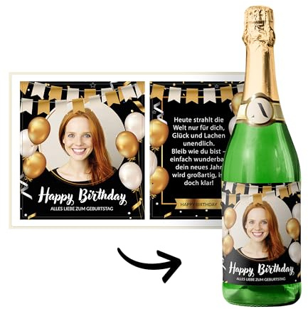 Flaschenetiketten Geburtstag selbst gestalten – Set mit 2 Stickern (Vorder- & Rückseite) – personalisierbar mit Foto & Text – für Wein/Sekt – wasserfest – DIY Geschenk – WIMPEL SCHWARZ