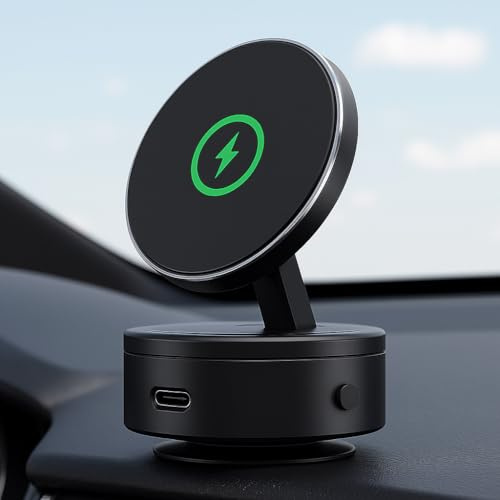 Masvita Support de téléphone portable pour voiture avec fonction de charge – Pied d'aspiration automatique – Charge rapide 15 W – Compatible avec MagSafe pour iPhone 15 14 13 12 – Chargeur sans fil