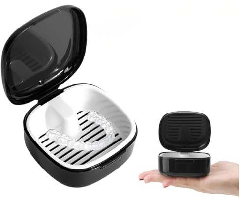 Yuannee Caja para Prótesis Dentales con Colador,Caja Ferula Dental Portátil e Impermeable para Dentaduras Postizas Ortodoncia y Retenedores Contenedor Higiénico de Limpieza (Negro)