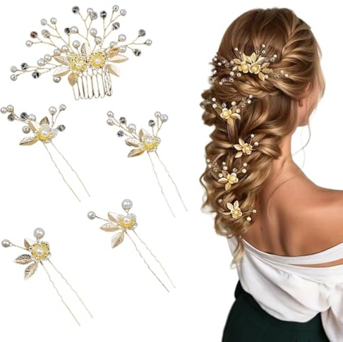KEWUF Lot de 5 épingles à cheveux de mariée, Accessoire Cheveux en Strass Perle, Accessoires de cheveux de mariage, Bijoux avec strass, pour mariées, demoiselles d'honneur, demoiselle
